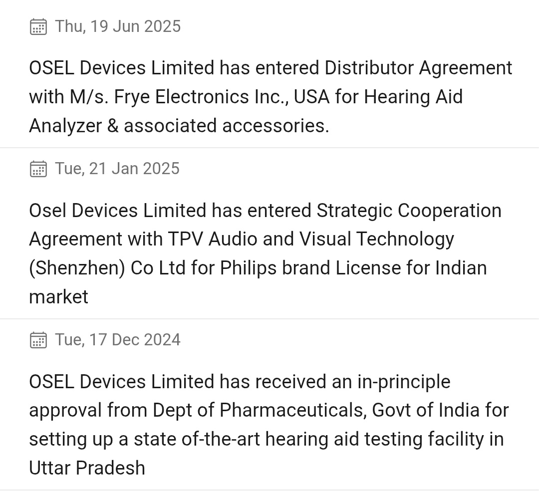 amurfalcon1's tweet image. Osel Devices - #osel 
Recent Developments/Agreements
-Frye Electronics(USA)
Deal for hearing aid analyzer to boost US exports.

-TPV Philips
Partnership to make Philips phones tablets in India.Commercial operations started.

-JNPT Land
For export unit targeting global customers.
