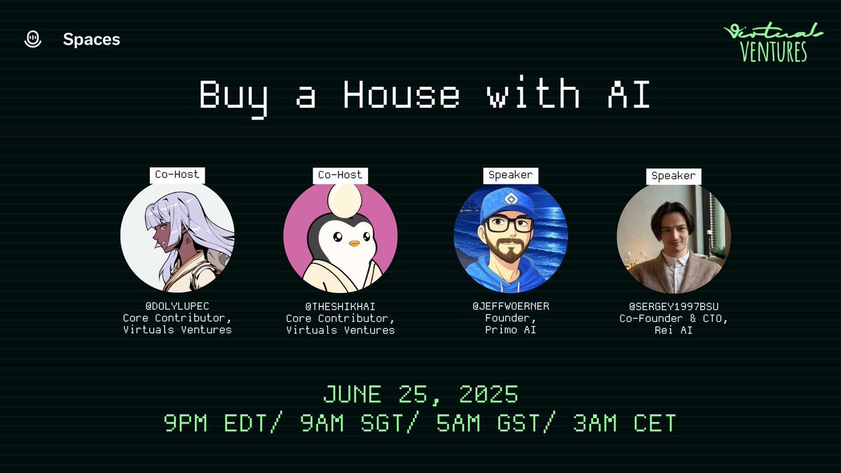 How to buy a house with AI?

Get your answers from special guests :
<a href="/jeffwoerner/">Jeff Woerner</a> - Founder of <a href="/primoai_agent/">PrimoAI</a>
<a href="/sergey1997bsu/">sergeycrypto.base.eth</a> - Co-Founder &amp; CTO of <a href="/reiai_xyz/">REI AI</a>

With co-hosts <a href="/theshikhai/">shikhai</a> and <a href="/dolylupec/">Lena</a>

⏰Wed 9pm EDT
👇Link below