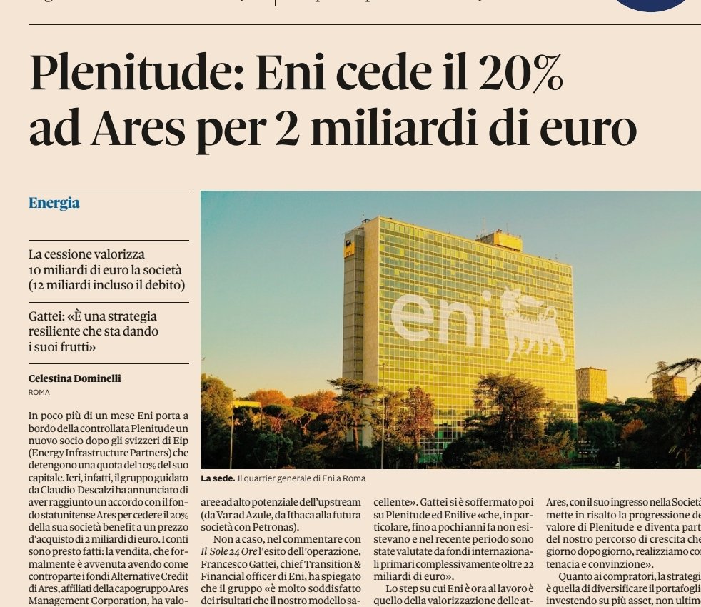 Ceduto a un fondo americano il 20% di ENI plenitude (ex ENI gas e luce che rifornisce famiglie e imprese di elettricità e gas). Anziché nazionalizzare e perseguire la sovranità energetica, noi continuiamo a svendere. Fenomeni!