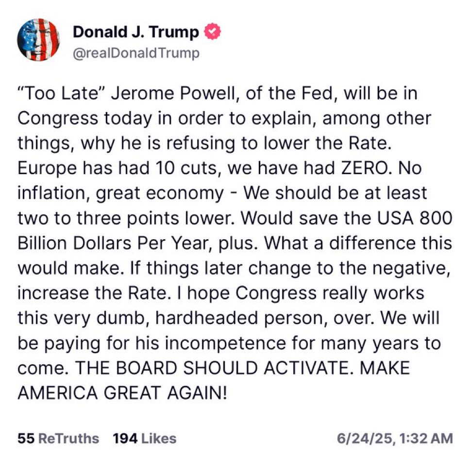 Powell should be removed. He is making decisions based on politics and not what is best for the nation. We can not have this.