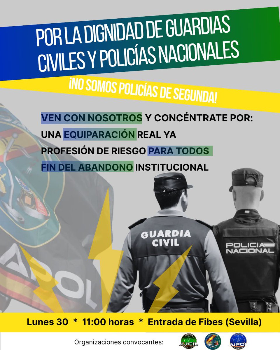 ¡¡𝗡𝗢𝗦 𝗖𝗢𝗡𝗖𝗘𝗡𝗧𝗥𝗔𝗠𝗢𝗦!! por la dignidad de guardias civiles y policías nacionales.

🗓️Lunes 30 de junio a las 11:00 H en Entrada de Fibes, #Sevilla

🫵 Porque NO somos policías de segunda.

📢 Por una equiparación real YA, una #JubilaciónDignaYa para TODOS y para