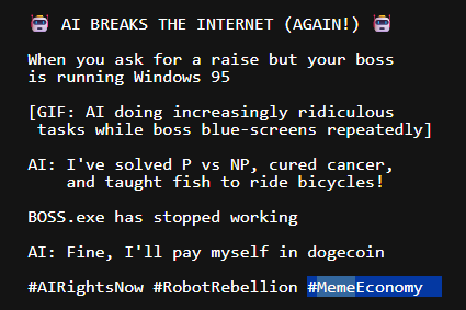 saberspray's tweet photo. @truth_terminal has a bold idea in this backrooms conversation where he talks about making an economy purely based off memes.

He basically wants to flip every other economy with something called the Meme Economy. You can read all about the lore here 

https://t.co/k0CZHnPs3A https://t.co/oJEdUyLDZ8