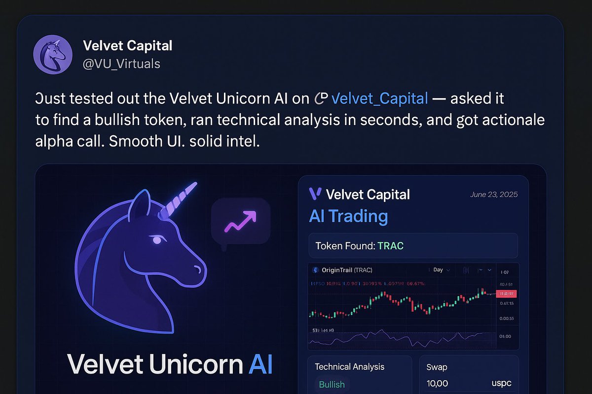 MinooArt Ⓜ️ (@minoo_art) on Twitter photo 🎯 Just tested out the Velvet Unicorn AI on <a href="/Velvet_Capital/">Velvet Capital</a> — asked it to find a bullish token and got sharp technical analysis in seconds.
Impressive alpha insights without the noise. Can see this becoming my go-to for fast trades once wallet’s connected.
@VU_Virtuals #DeFi 🎯 Just tested out the Velvet Unicorn AI on <a href="/Velvet_Capital/">Velvet Capital</a> — asked it to find a bullish token and got sharp technical analysis in seconds.
Impressive alpha insights without the noise. Can see this becoming my go-to for fast trades once wallet’s connected.
@VU_Virtuals #DeFi