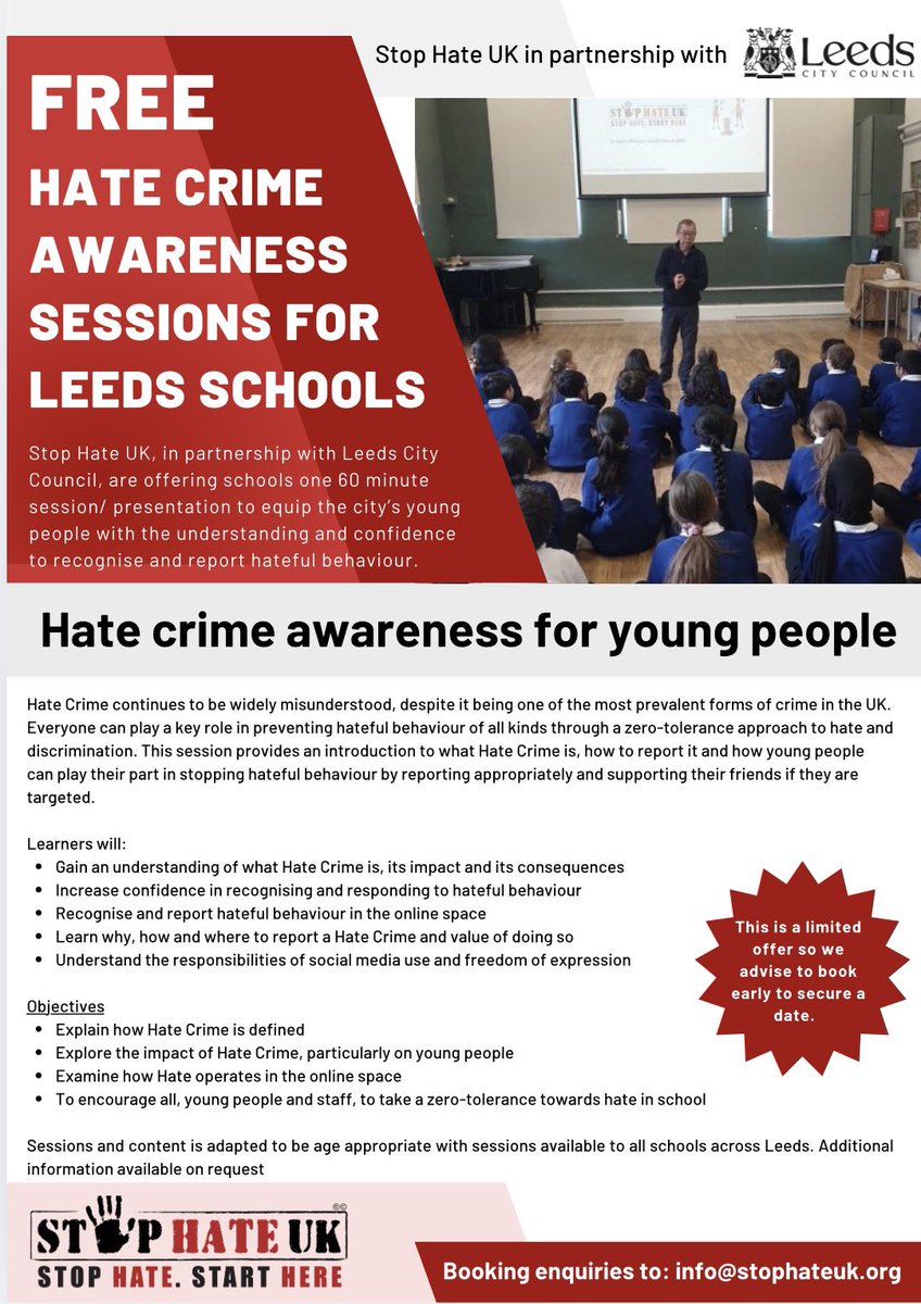 stophateuk's tweet image. Early start to #Leeds to deliver #hatecrime awareness sessions to 2 schools today & tomorrow, part of #SaferLeeds & #schoolsreporting projects funded by #LeedsCityCouncil Free sessions still available for Leeds schools yet to take up offer. Email info@stophateuk.org for details