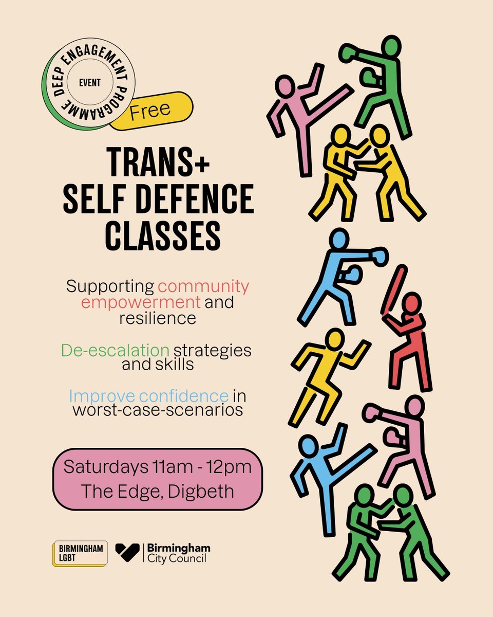 birminghamlgbt's tweet photo. Free Trans+ self defence classes starts Saturday 5th July 11am-12pm @ The Edge
🔗https://t.co/1po64jYq7W
A 6 session course & we welcome all bodies to enhance safety, increase fitness, and boost confidence.
❤️ Meet the trainer https://t.co/M4smZLXOZA
@bhamcitycouncil #BrumDEP https://t.co/g449JmmP9P