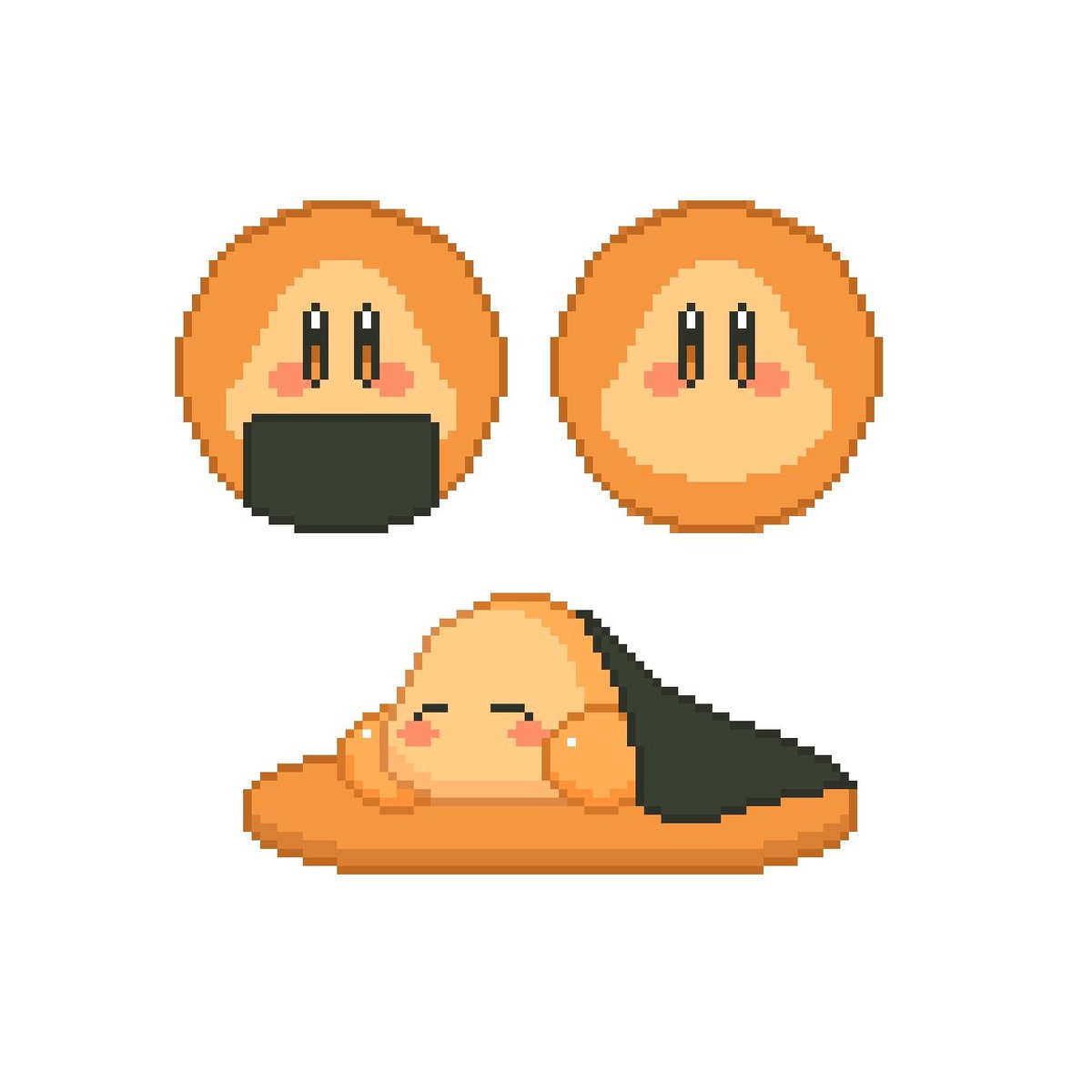 pixmi_pixelart's tweet image. オレンジサマー（@orng_kktl ）さんリクエストのおせんべい🍘なわにゃさんです！
わにゃさん柄のおせんべいも一緒に描きました〜(о´∀`о)