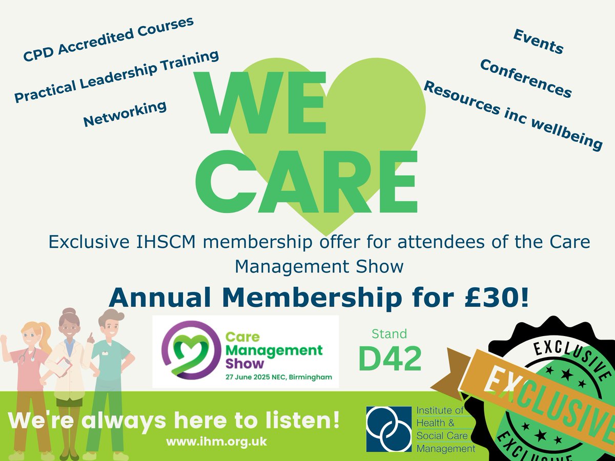 Are you going to the #CareManagementShow⁉️

Be sure to stop by our stand to pick up your exclusive discount code for an astounding offer of only £30 for 1 years IHSCM membership!😲

It's free to register: zurl.co/T4Wnu 👈 

#CareManagementShow #SocialCare #Leadership