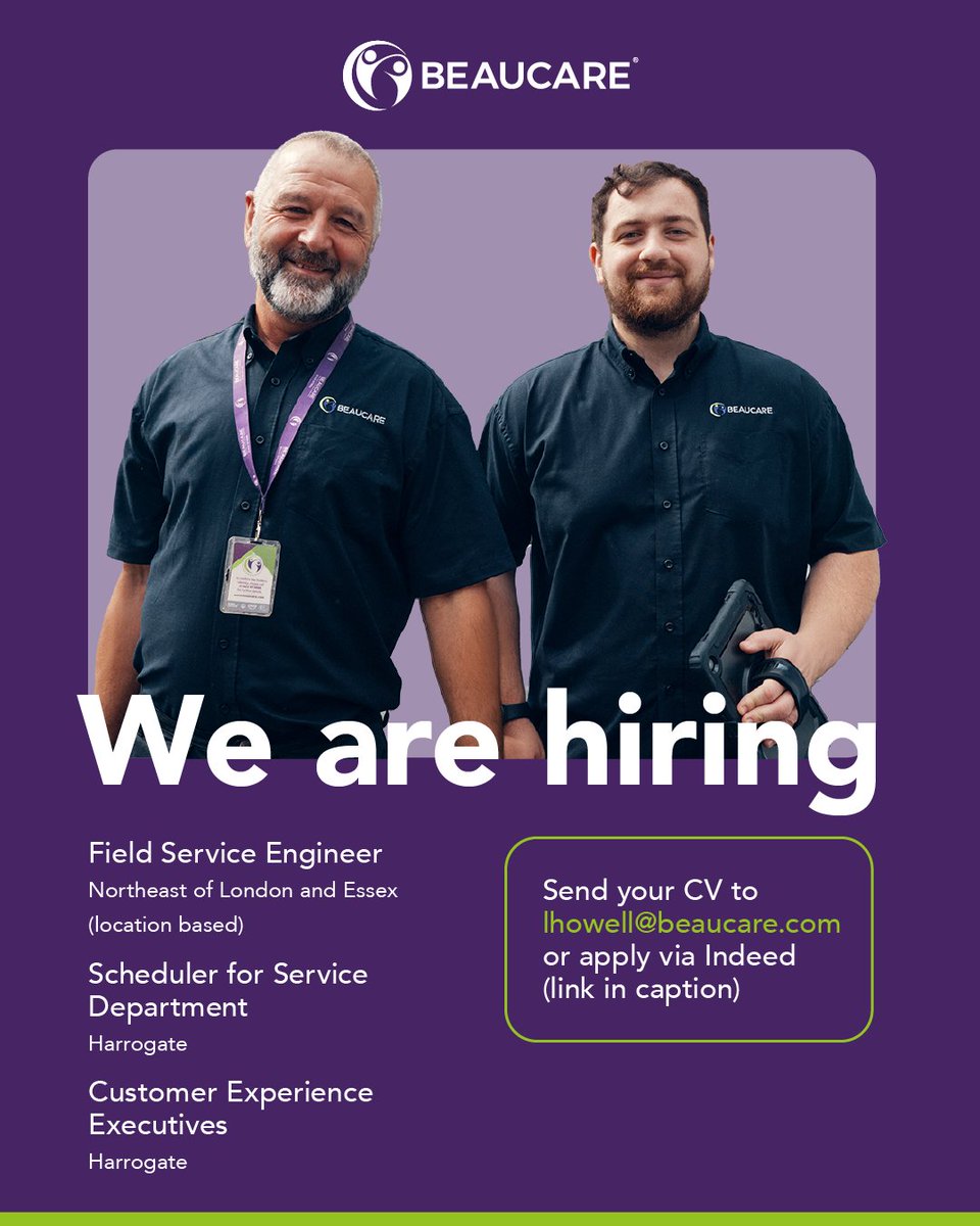 Beaucare (@beaucaremedical) on Twitter photo 🚨We’re hiring at Beaucare.
Join us in one of these exciting roles:
🌟 Field Service Engineer
🌟 Scheduler (Service Dept)
🌟 Customer Experience Execs
📧 To apply, send your CV to lhowell@beaucare.com
#Hiring #CustomerServiceJobs #EngineeringJobs #YorkshireJobs 🚨We’re hiring at Beaucare.
Join us in one of these exciting roles:
🌟 Field Service Engineer
🌟 Scheduler (Service Dept)
🌟 Customer Experience Execs
📧 To apply, send your CV to lhowell@beaucare.com
#Hiring #CustomerServiceJobs #EngineeringJobs #YorkshireJobs