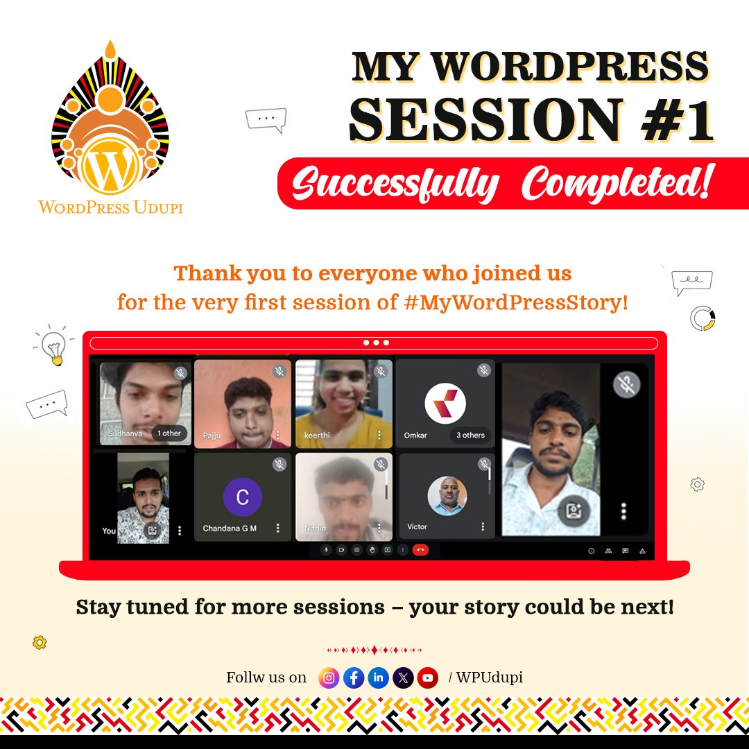 🚀 My WordPress Session #1 – Successfully Completed! 🎉

A big thank you to everyone who joined us for the very first session of #MyWordPressStory 💻✨

And a huge thanks to Mr. Manjunath for sharing his inspiring story 🎉

#WordPressUdupi #WPUdupi