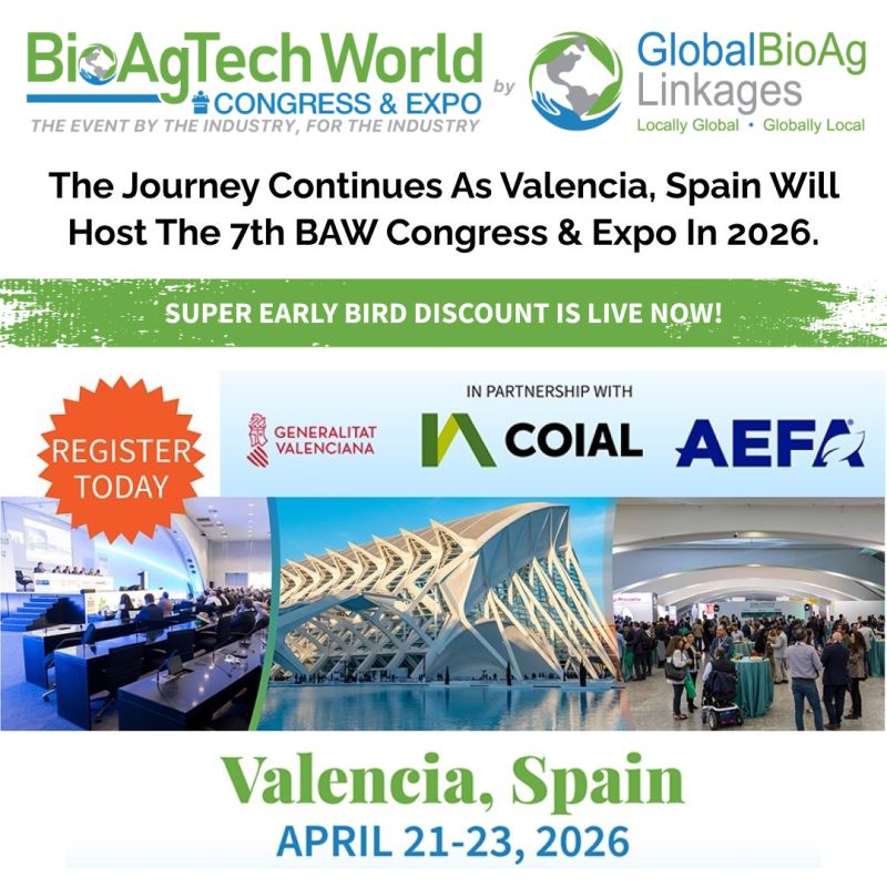 Bioaglinkages's tweet photo. After a remarkable edition in New Delhi, the 7th #BioAgTech World Congress heads to Valencia, Spain, in 2026!Join global leaders to advance #SustainableAg, foster innovation, &amp; build stronger partnerships.🚨 Super Saver Early Bird registrations are OPEN! #BioAgTech2026 #Event https://t.co/WXjhKUnXMc