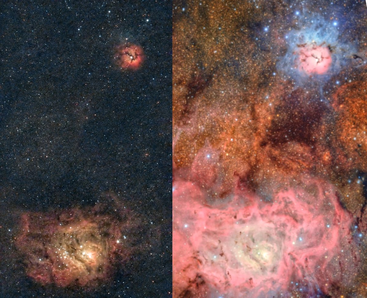 Dave_StarGeezer's tweet image. From one extreme to another. My humble SeeStar S30 image of the Lagoon and Trifid nebulae, compared to the Vera C. Rubin Observatory image.