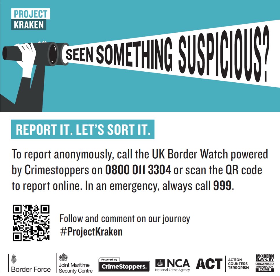 If you’ve spotted something suspicious around our harbours, small ports, marinas or coast, help Border Force and their partners by contacting the UK Border Watch reporting service, powered by the charity. 
Anything you say stays 100% anonymous. Learn more: bit.ly/CoastalCrimeGo…