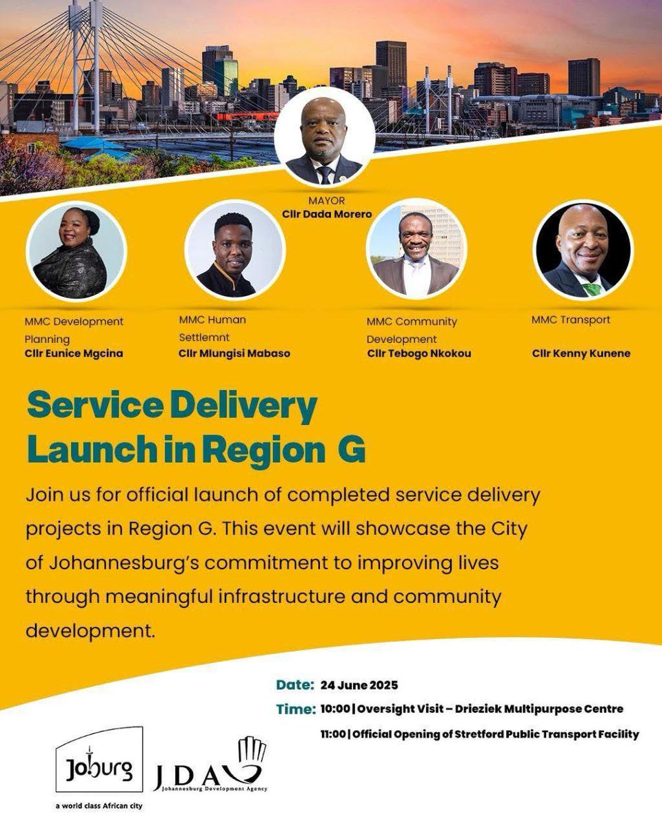 This morning the City of Joburg is launching completed service delivery projects in Region G!
Join us and MMCs as they showcase improved infrastructure and community development.

🗓️ 24 June 2025 I 10AM
📍 Drieziek &amp; Stretford

#JoburgServiceDelivery
#JoburgReimagined