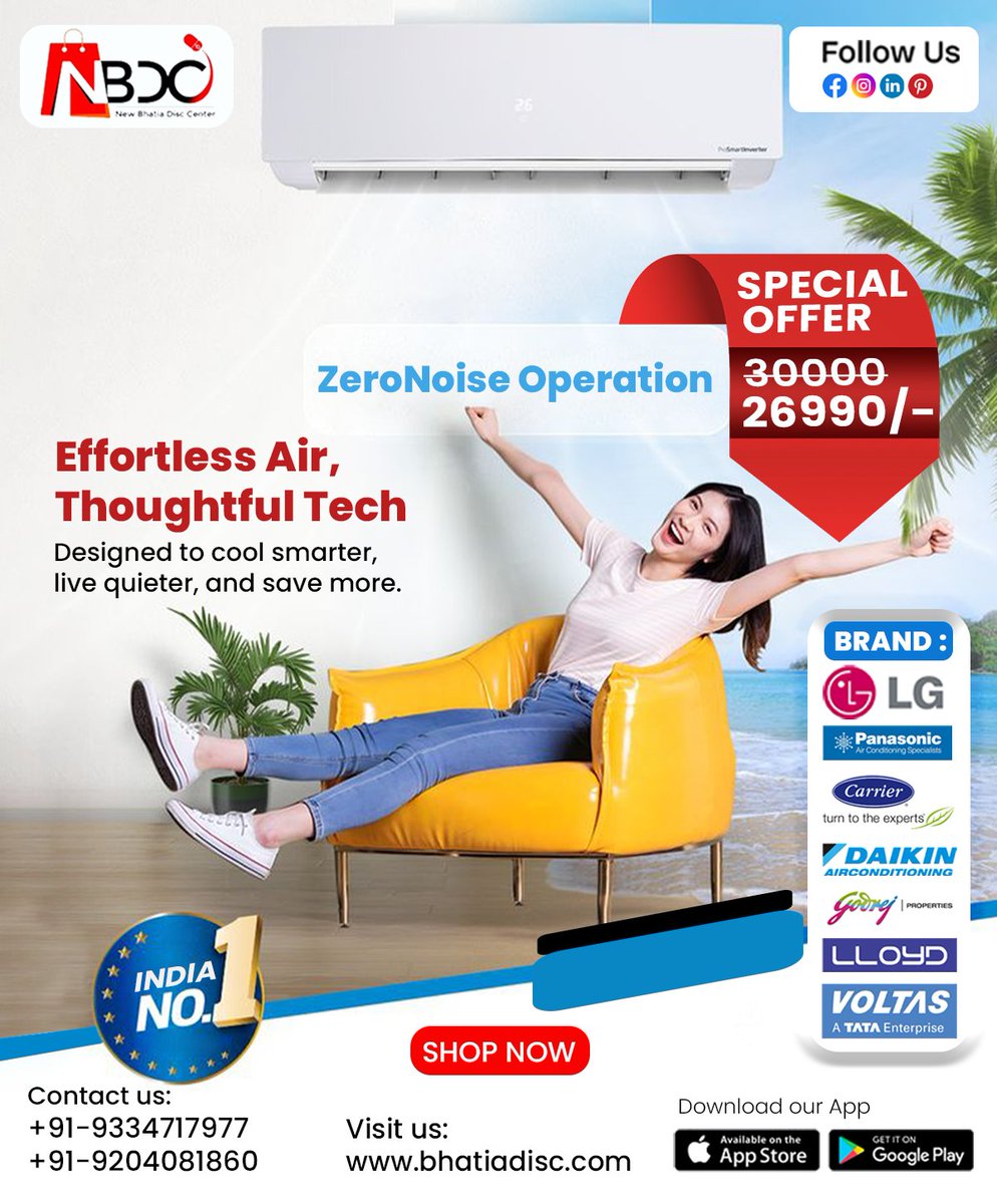 DiscBhatia's tweet image. ❄️ Cool smarter, live quieter!
Get your zero-noise AC starting at just ₹26,990/- only at #BhatiaDiscCenter.

💥 Brands: LG | Carrier | Daikin | Voltas &amp;amp; more

📲 Shop now: bhatiadisc.com
📞 +91-9334717977

#ACOffer #ZeroNoiseAC #CoolingSolutions #HomeComfort #SmartTech