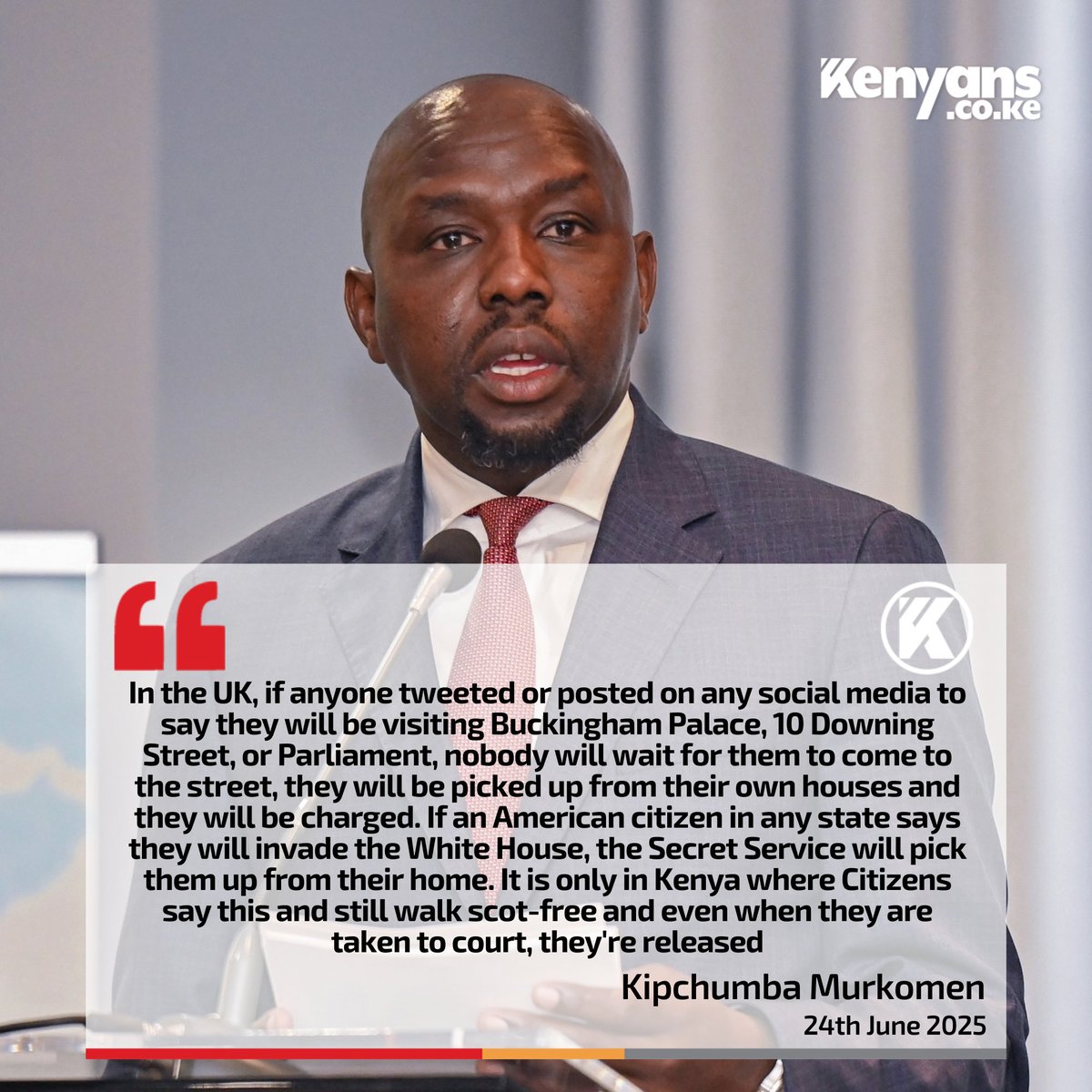 Kenyans's tweet photo. If an American citizen in any state says they will invade the White House, the Secret Service will pick them up from their home. It is only in Kenya where Citizens say this and still walk scot-free - Kipchumba Murkomen https://t.co/26QGsVLcI1