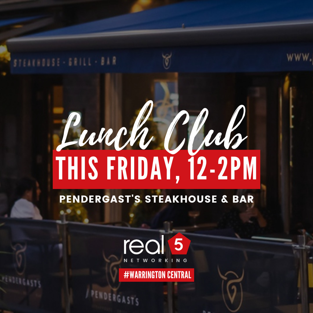 Join us on Friday for our June Lunch Club!

📅 Friday 27th June
📍Pendergasts Steakhouse, WA1 1EE
⏰ 12-2PM

Register as a guest here 👉 eventbrite.co.uk/e/real5-warrin…

#Warrington #WarringtonNetworking #WarringtonBusinesses #real5Networking
