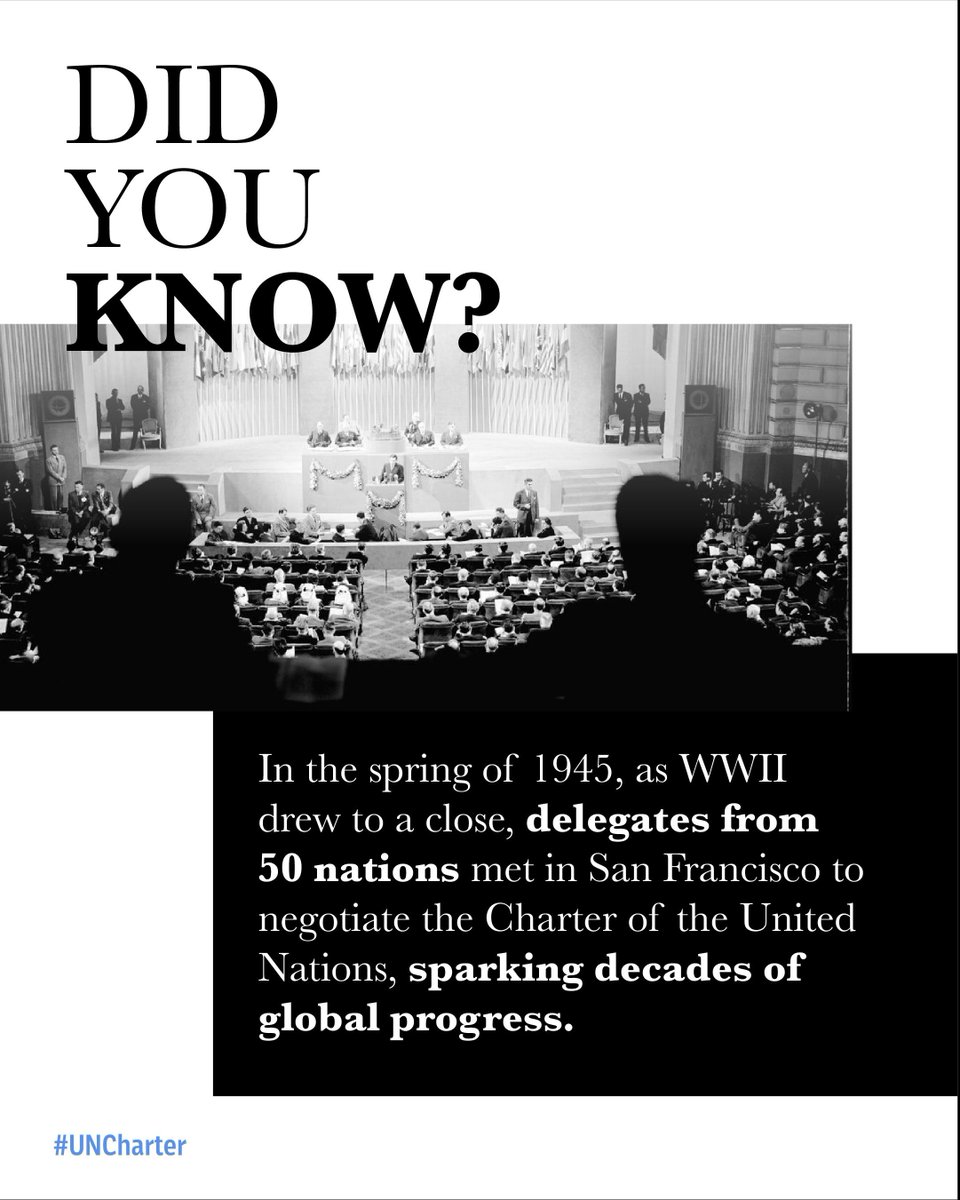 UNGeneva's tweet photo. This week 80 years ago, the United Nations Charter was signed.

It sparked decades of global progress.

From a single document grew a multilateral system that touches every aspect of our lives: from health &amp; the environment to human rights, peacekeeping, education &amp; technology. https://t.co/QqB7KnmaCn