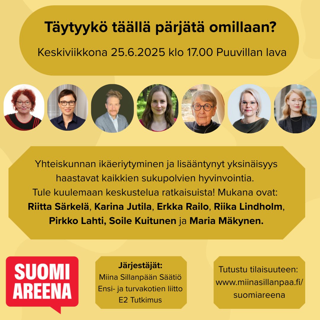 Suomalaiset elävät entistä pidempään. Yhteiskunta on voimakkaasti eriytynyt iän mukaan ja yksinäisyys yleistynyt. Tule kuulemaan ratkaisuista mm. eri sukupolvien kohtaamisia lisäämällä. Voit myös seurata striimiä MTV3 Katsomosta. miinasillanpaa.fi/ajankohtaista/… <a href="/SuomiAreena/">SuomiAreena</a> #suomiareena