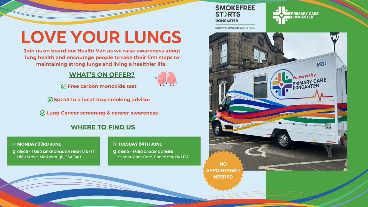 GPFedDoncaster's tweet image. 🫁 Come visit us at Clock Corner today and get a free Carbon Monoxide test!

Hop on board our Health Van to get support from a stop-smoking advisor and learn about respiratory health and lung cancer screening!

📆 Tuesday, 24th June 2025
📍 Clock Corner, Doncaster
🕙 9 AM - 3 PM