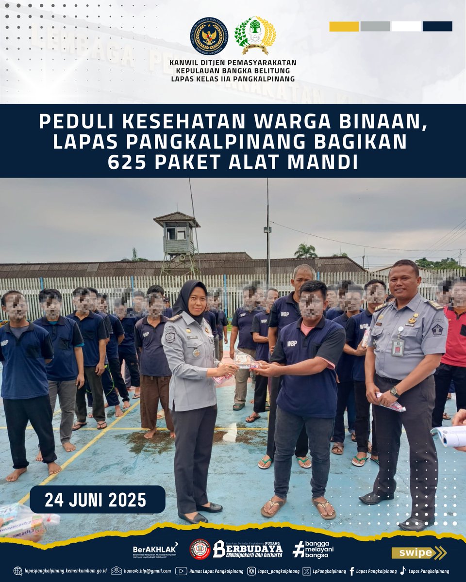LpPangkalpinang's tweet photo. 🧼 Lapas Pangkalpinang Peduli Kesehatan Warga Binaan 🧴
#kemenimipas
#guardandguide
#ditjenpas
#pemasyarakatanbabel
#kanwilditjenpasbabel
#hermansawiran
#LapasPangkalpinangBerbudaya
#SugengIndrawan https://t.co/J437JNZEFq