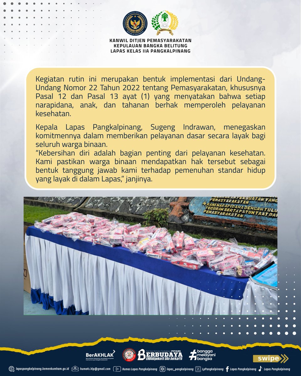 LpPangkalpinang's tweet photo. 🧼 Lapas Pangkalpinang Peduli Kesehatan Warga Binaan 🧴
#kemenimipas
#guardandguide
#ditjenpas
#pemasyarakatanbabel
#kanwilditjenpasbabel
#hermansawiran
#LapasPangkalpinangBerbudaya
#SugengIndrawan https://t.co/J437JNZEFq