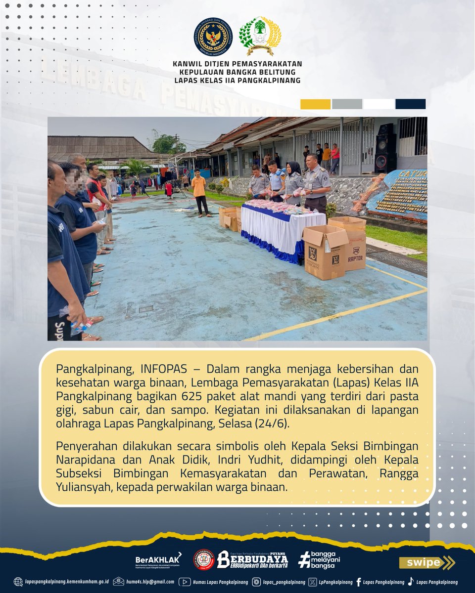LpPangkalpinang's tweet photo. 🧼 Lapas Pangkalpinang Peduli Kesehatan Warga Binaan 🧴
#kemenimipas
#guardandguide
#ditjenpas
#pemasyarakatanbabel
#kanwilditjenpasbabel
#hermansawiran
#LapasPangkalpinangBerbudaya
#SugengIndrawan https://t.co/J437JNZEFq