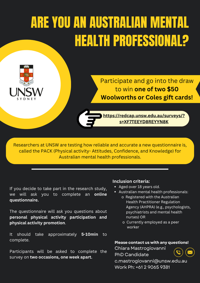 ChiaraMastro18's tweet image. Are you an Australian Mental Health Professional and have 5-10min?   

We aim to understand how to promote physical activity in mental healthcare, so your contribution would be greatly appreciated!  

Please follow this link to participate 👉lnkd.in/gtr-FrNW