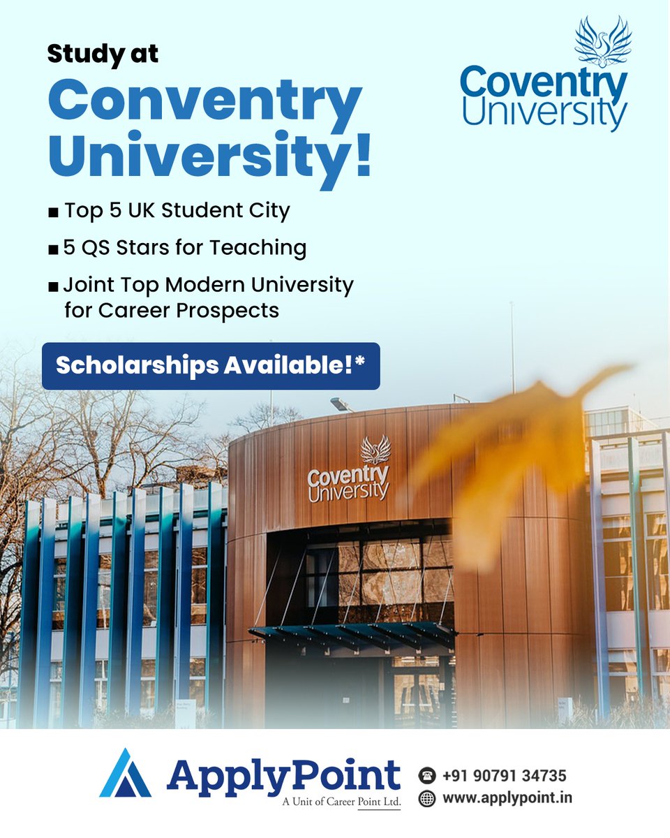 apply_point's tweet photo. 🎓 Study at Coventry University – UK

📍 Located in one of the Top 5 UK Student Cities, Coventry University

Apply to UK top universities with Apply Point.

Contact for FREE Counselling today!
Call: +91 90791 34735 or Visit: https://t.co/dqyx4ONqJt

#ApplyPoint #StudyInUK https://t.co/TwaHuXOGcx