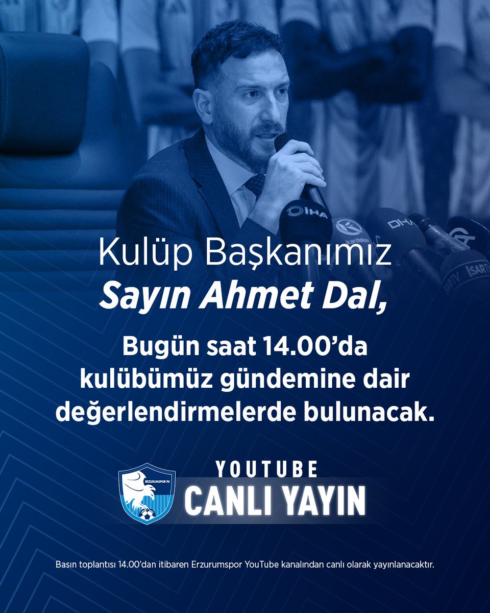 BASIN TOPLANTISI | 

Kulüp Başkanımız Sayın Ahmet Dal, 24 Haziran Salı günü (bugün)  14.00’da kulübümüz gündemine dair değerlendirmelerde bulunacak. 

Basın toplantısı 14.00’dan itibaren Erzurumspor YouTube kanalından canlı olarak yayınlanacaktır. 

Kamuoyunun Bilgisine Sunarız