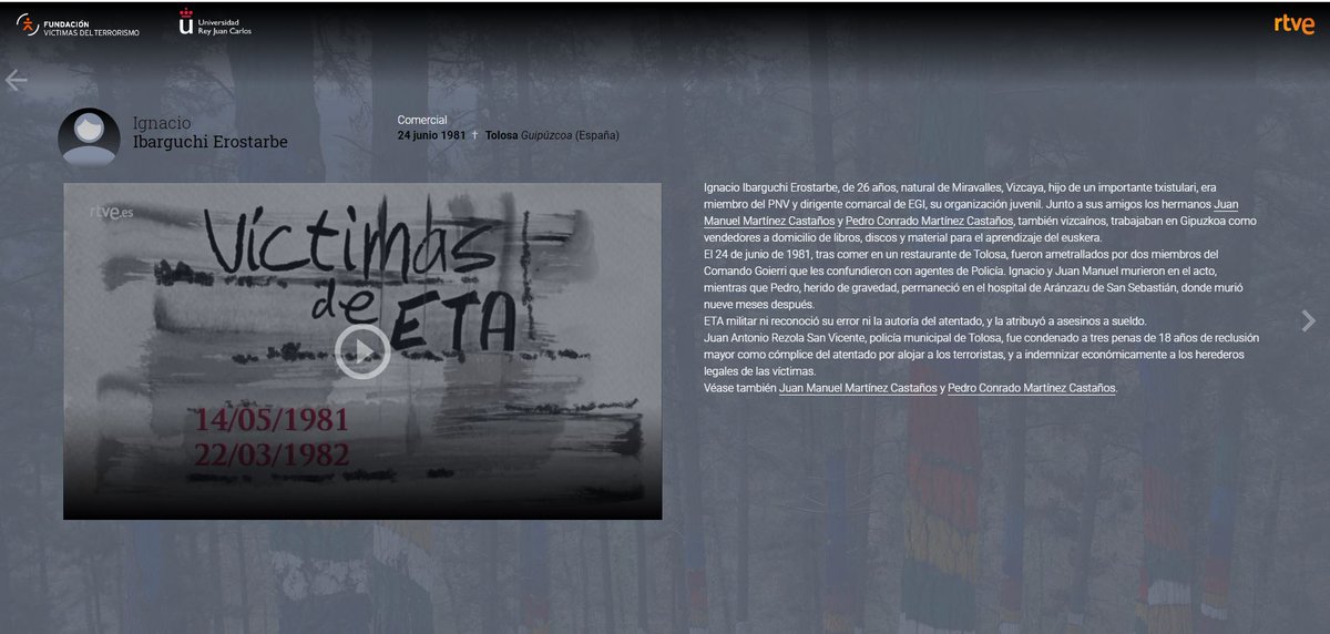 FundaciónVT (@_fundacionvt) on Twitter photo Siempre en la #memoria. El 24-06-81, IGNACIO IBARSGUCHI EROSTARBE, comercial, fue asesinado en Tolosa por #ETA. Junto a sus amigos Juan Manuel y Pedro Conrado, fue ametrallado por dos etarras que les confundieron con agentes <a href="/policia/">Policía Nacional</a>. Tenía 26 años
rtve.es/memoriadevida/…
(3) Siempre en la #memoria. El 24-06-81, IGNACIO IBARSGUCHI EROSTARBE, comercial, fue asesinado en Tolosa por #ETA. Junto a sus amigos Juan Manuel y Pedro Conrado, fue ametrallado por dos etarras que les confundieron con agentes <a href="/policia/">Policía Nacional</a>. Tenía 26 años
rtve.es/memoriadevida/…
(3)