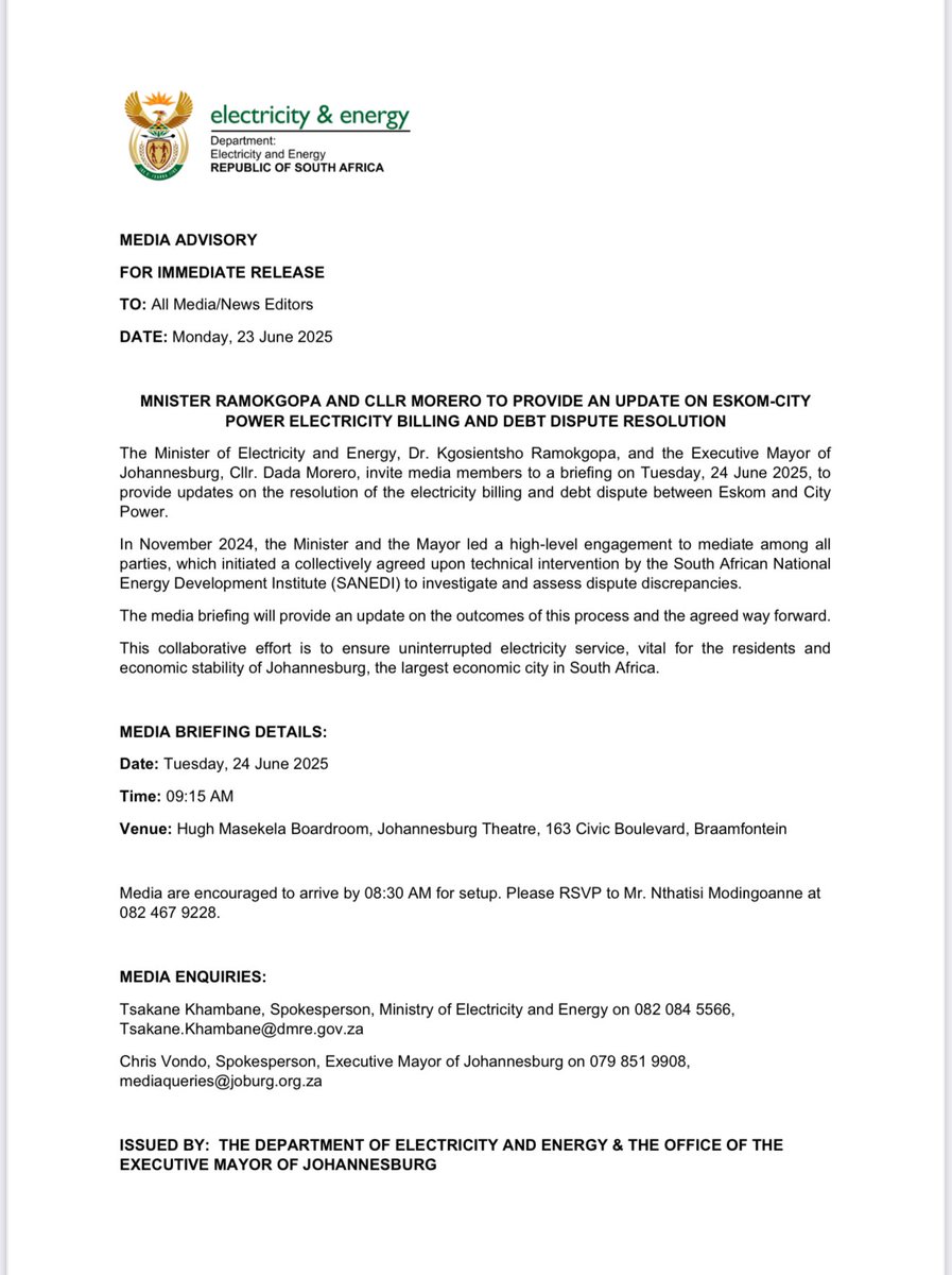 DOEE_ZA's tweet image. MNISTER RAMOKGOPA AND CLLR MORERO TO PROVIDE AN UPDATE ON ESKOM-CITY POWER ELECTRICITY BILLING AND DEBT DISPUTE RESOLUTION