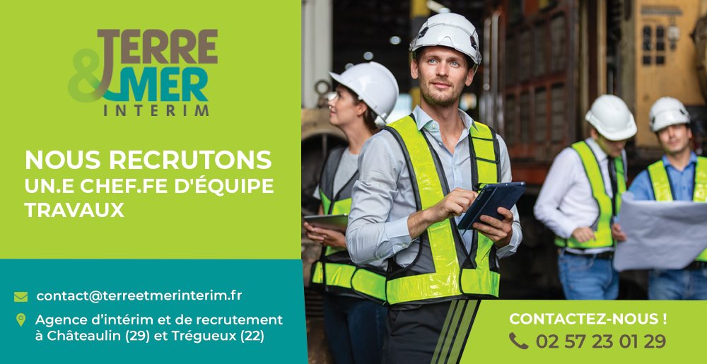 📢OFFRE D'EMPLOI
Nous recrutons un #CHEF D'#ÉQUIPE #TRAVAUX SOUTERRAINS (H/F) à #CHÂTEAULIN (29) en INTÉRIM pour septembre 2025
 
Contactez-nous au 02 57 23 01 29 et envoyez votre CV à contact@terreetmerinterim.fr ou
annonces-interim.bzh/terre--mer-int…

#Recrutement #Travauxpublics