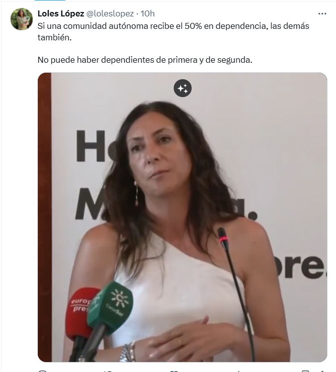 Sra consejera, Andalucía es la comunidad que más fondos recibe del Gobierno de España para la dependencia.

Por desgracia para miles de andaluces dependientes, el PP en la Junta no asume sus competencias y no gestiona estos recursos, por eso tiene las listas de espera más largas.