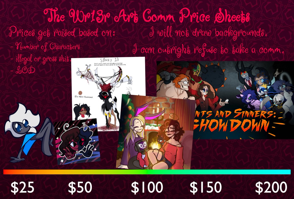 TheWr13r's tweet image. Comm Price Sheets are out now!
Commissions are open for Art and Models and even Animations!
How much something costs is ultimately up to my judgement, remember that