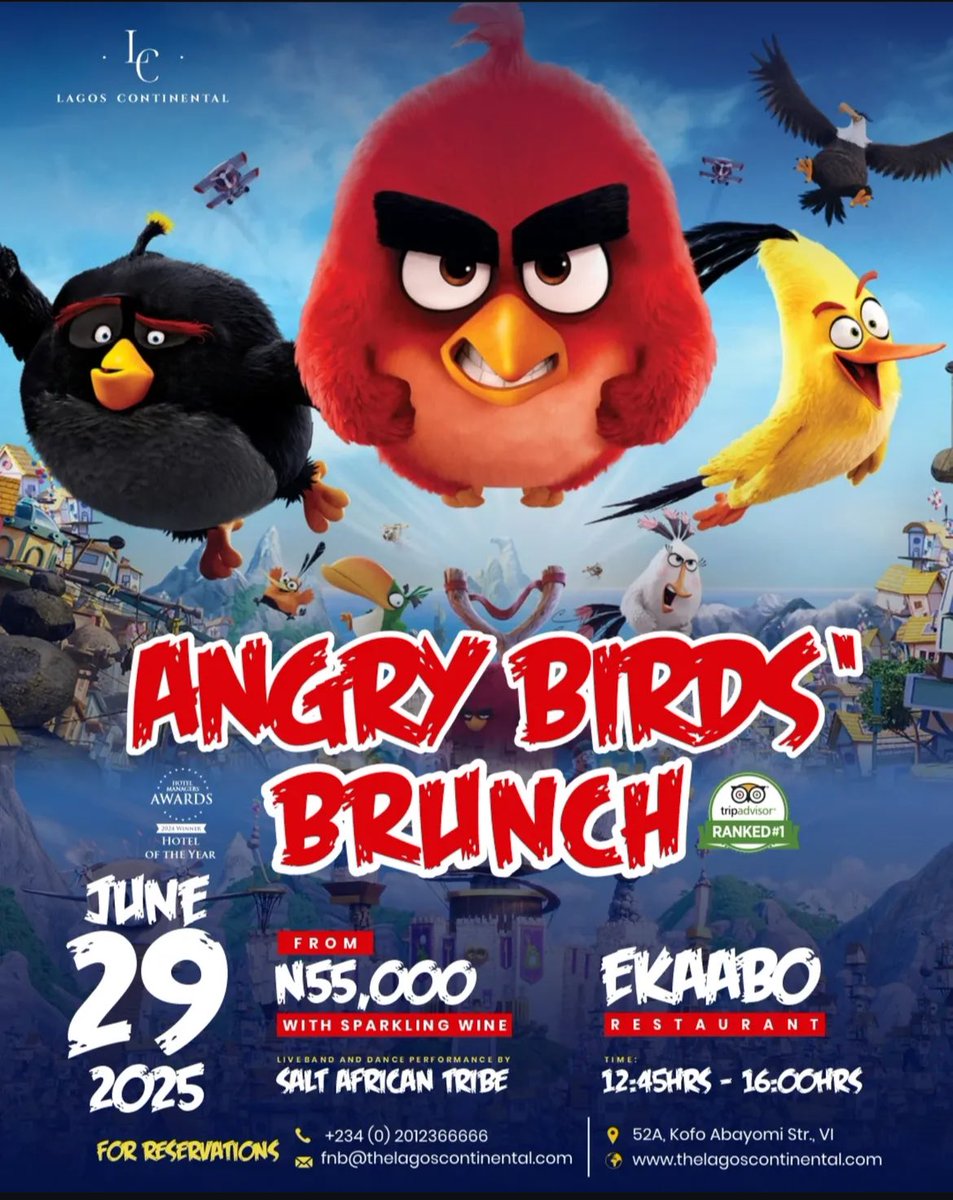 Lagos Continental (@thelchotel) on Twitter photo Join us for an Angry Birds Brunch like no other.
On June 29th, come indulge in a wide buffet spread featuring the best of Nigerian local dishes and intercontinental cuisines.
Book now and get ready for a egg-cellent time
š: +234 (0) 2012366666
š§: fnb@thelagoscontinental.com Join us for an Angry Birds Brunch like no other.
On June 29th, come indulge in a wide buffet spread featuring the best of Nigerian local dishes and intercontinental cuisines.
Book now and get ready for a egg-cellent time
š: +234 (0) 2012366666
š§: fnb@thelagoscontinental.com