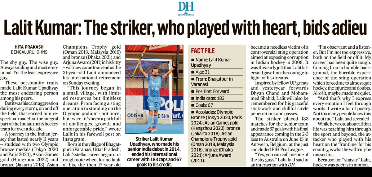 Hita Prakash (@hitaprakash) on Twitter photo The thinker and not the talker of the Indian men's hockey team for over a decade retires. But his graceful playing skills on the field will forever be remembered and spoken about.
Link: shorturl.at/t0t8T
<a href="/DeccanHerald/">Deccan Herald</a> <a href="/lalithockey/">Lalit Upadhyay</a> <a href="/TheHockeyIndia/">Hockey India</a> The thinker and not the talker of the Indian men's hockey team for over a decade retires. But his graceful playing skills on the field will forever be remembered and spoken about.
Link: shorturl.at/t0t8T
<a href="/DeccanHerald/">Deccan Herald</a> <a href="/lalithockey/">Lalit Upadhyay</a> <a href="/TheHockeyIndia/">Hockey India</a>