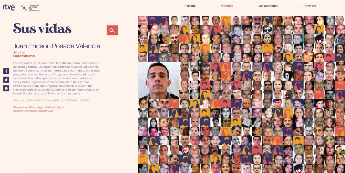 FundaciónVT (@_fundacionvt) on Twitter photo Siempre en la #memoria. El 24-06-07, JUAN ERICSON POSADA, soldado Brigada Paracaidista <a href="/EjercitoTierra/">Ejército de Tierra 🇪🇸</a>, fue asesinado en el Líbano por el terrorismo yihadista. Falleció por la explosión de un coche-bomba activado al paso del convoy. Tenía 20 años.
lab.rtve.es/lab/terrorismo…
(3) Siempre en la #memoria. El 24-06-07, JUAN ERICSON POSADA, soldado Brigada Paracaidista <a href="/EjercitoTierra/">Ejército de Tierra 🇪🇸</a>, fue asesinado en el Líbano por el terrorismo yihadista. Falleció por la explosión de un coche-bomba activado al paso del convoy. Tenía 20 años.
lab.rtve.es/lab/terrorismo…
(3)