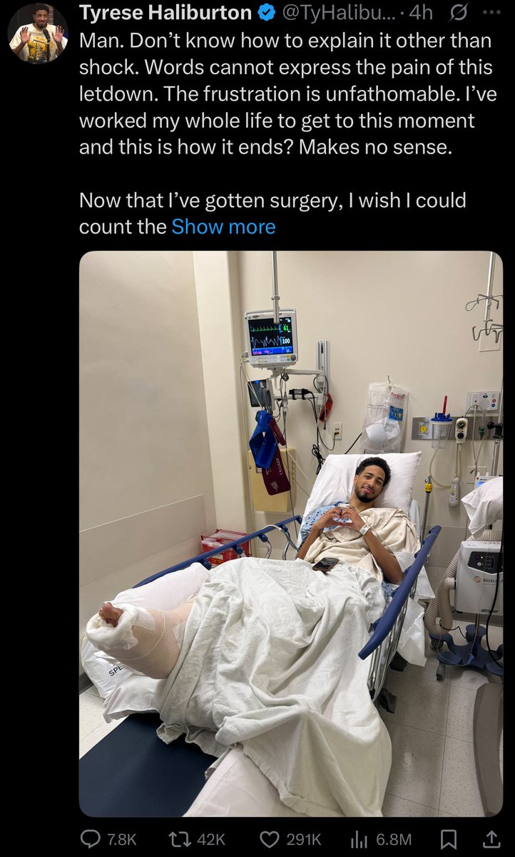 ggzmedia03's tweet photo. 🚨 Tyrese Haliburton's injury post overshadows OKC's championship hype! 

Hali's impact outshines their ring. https://t.co/eDfF5M8IDL