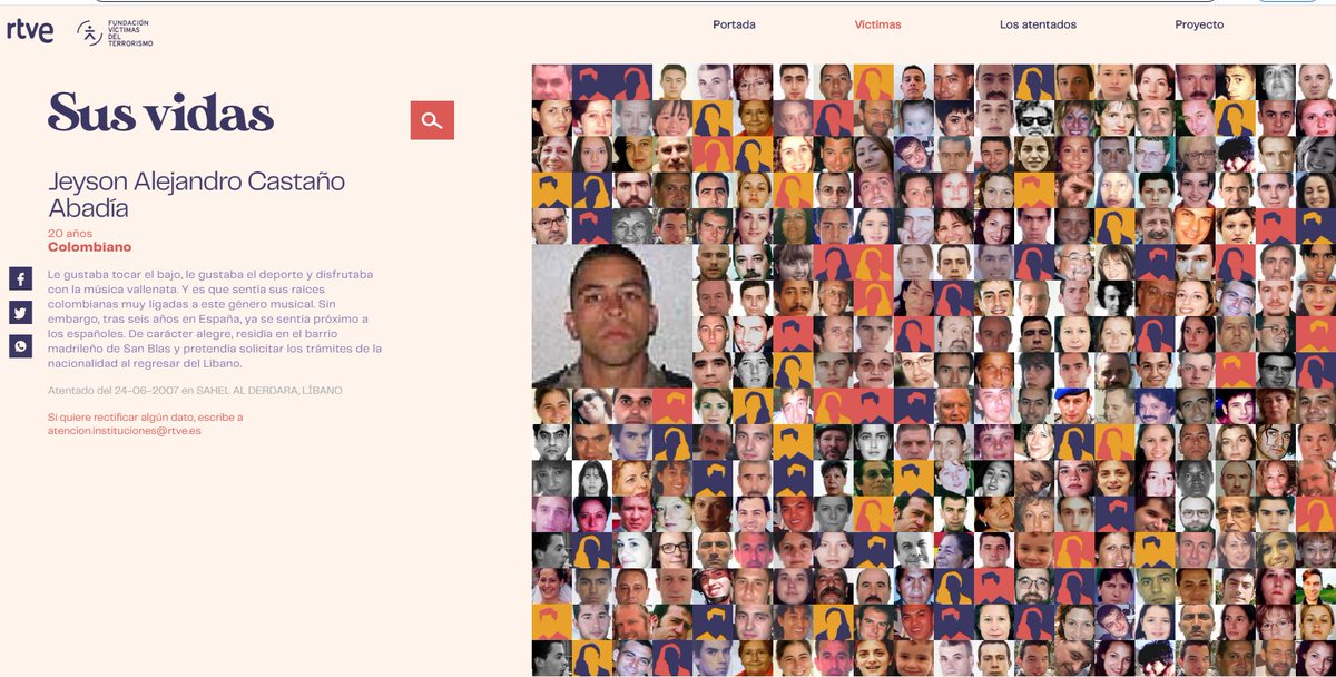 FundaciónVT (@_fundacionvt) on Twitter photo Siempre en la #memoria. El 24-06-07, Yeison A. Castaño Abadia, soldado Brigada Paracaidista <a href="/EjercitoTierra/">Ejército de Tierra 🇪🇸</a>, fue asesinado en el Líbano por el terrorismo yihadista. Falleció por la explosión de un coche-bomba activado al paso del convoy. Tenía 20 años.
lab.rtve.es/lab/terrorismo…
(6) Siempre en la #memoria. El 24-06-07, Yeison A. Castaño Abadia, soldado Brigada Paracaidista <a href="/EjercitoTierra/">Ejército de Tierra 🇪🇸</a>, fue asesinado en el Líbano por el terrorismo yihadista. Falleció por la explosión de un coche-bomba activado al paso del convoy. Tenía 20 años.
lab.rtve.es/lab/terrorismo…
(6)