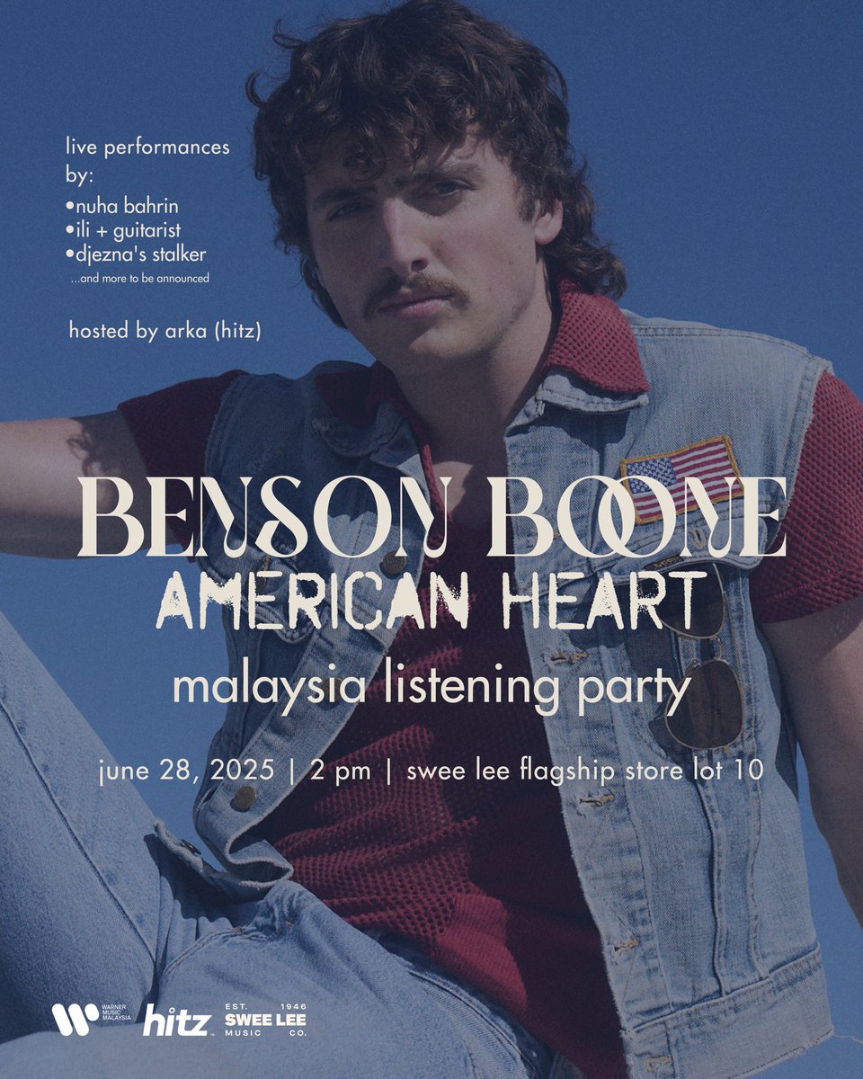 🌙✨BENSON BOONE’S ‘AMERICAN HEART’ LISTENING PARTY — YOU IN OR WHAT?✨🌙

📍 Swee Lee, Lot 10 KL
📅 Saturday, 28 June 2025
🕑 2PM – 4PM

HOW TO LOCK YOUR SPOT? 👇
For more info check out Warner Music MY Socials

#BensonBoone #AmericanHeart #MoonbeamIceCream #ListeningPartyVibes