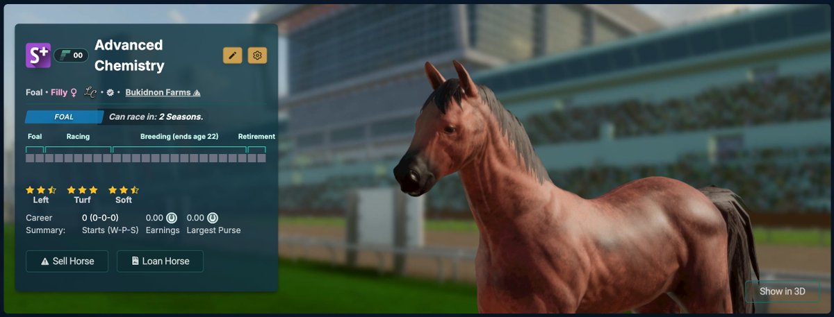 authorofthesurf's tweet image. I'll probably be a Breeder forever
This stuff is too good sometimes. First foal out of our legendary racer Mirari and she is a beauty
Full star gained over her parents. Likely packed with top-of-grade stats for an S+. Advanced Chemistry ❤️
photofinish.live/horses/5f9624c…