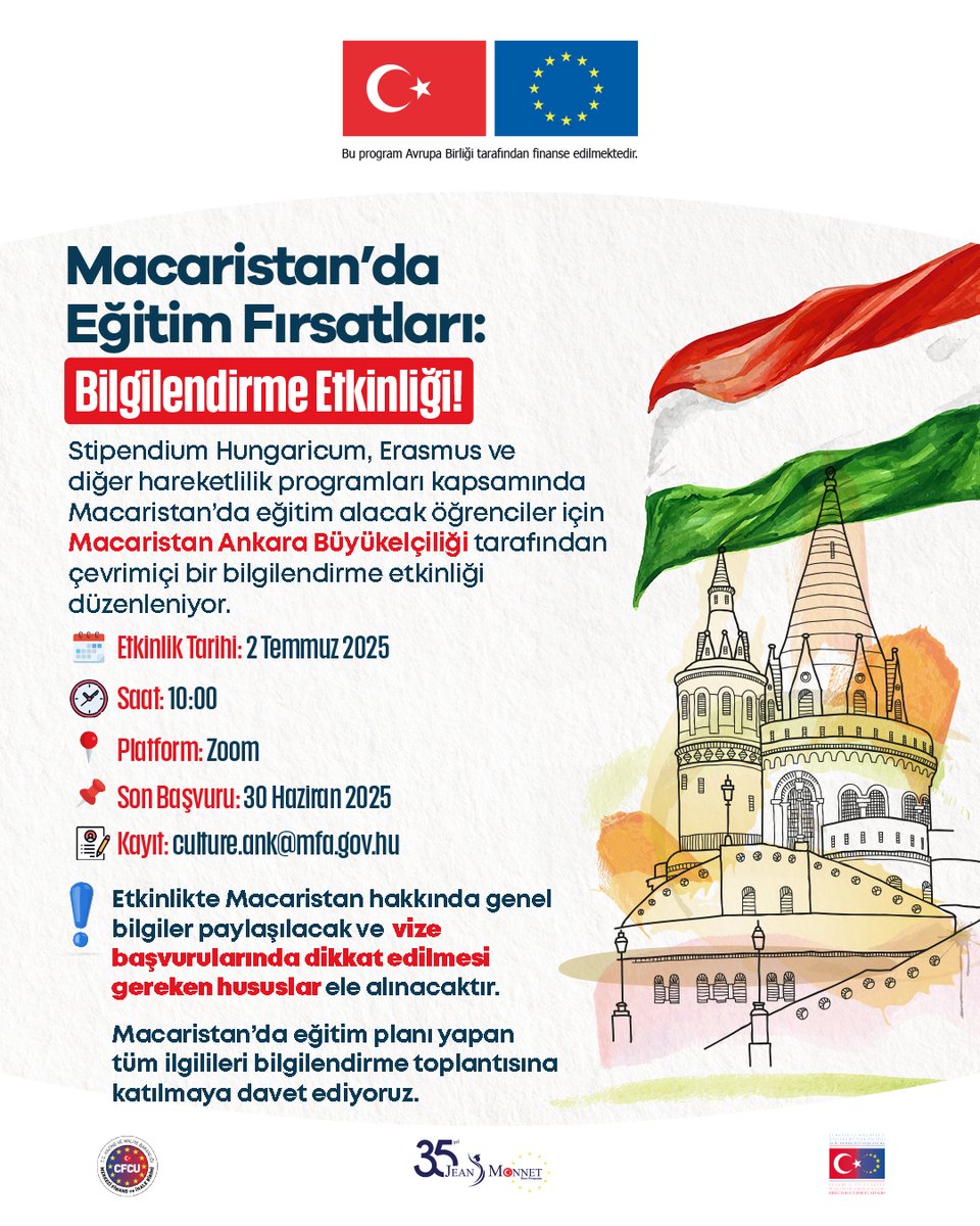 JEAN MONNET BURSU (@jeanmonnetbursu) on Twitter photo 🎓 Macaristan’da Eğitim Fırsatları: Bilgilendirme Etkinliği!
Macaristan’da eğitim planı yapan tüm ilgilileri bilgilendirme toplantısına katılmaya davet ediyoruz.
#jeanmonnet #jeanmonnetbursu #jeanmonnetbursiyerleri #avrupabirliği
<a href="/ABBaskanligi/">T.C. Dışişleri Bakanlığı Avrupa Birliği Başkanlığı</a> <a href="/EUDelegationTur/">AB Türkiye Delegasyonu🇪🇺EU Delegation to Türkiye</a> <a href="/cfcuturkiye/">Central Finance and Contracts Unit</a> 🎓 Macaristan’da Eğitim Fırsatları: Bilgilendirme Etkinliği!
Macaristan’da eğitim planı yapan tüm ilgilileri bilgilendirme toplantısına katılmaya davet ediyoruz.
#jeanmonnet #jeanmonnetbursu #jeanmonnetbursiyerleri #avrupabirliği
<a href="/ABBaskanligi/">T.C. Dışişleri Bakanlığı Avrupa Birliği Başkanlığı</a> <a href="/EUDelegationTur/">AB Türkiye Delegasyonu🇪🇺EU Delegation to Türkiye</a> <a href="/cfcuturkiye/">Central Finance and Contracts Unit</a>