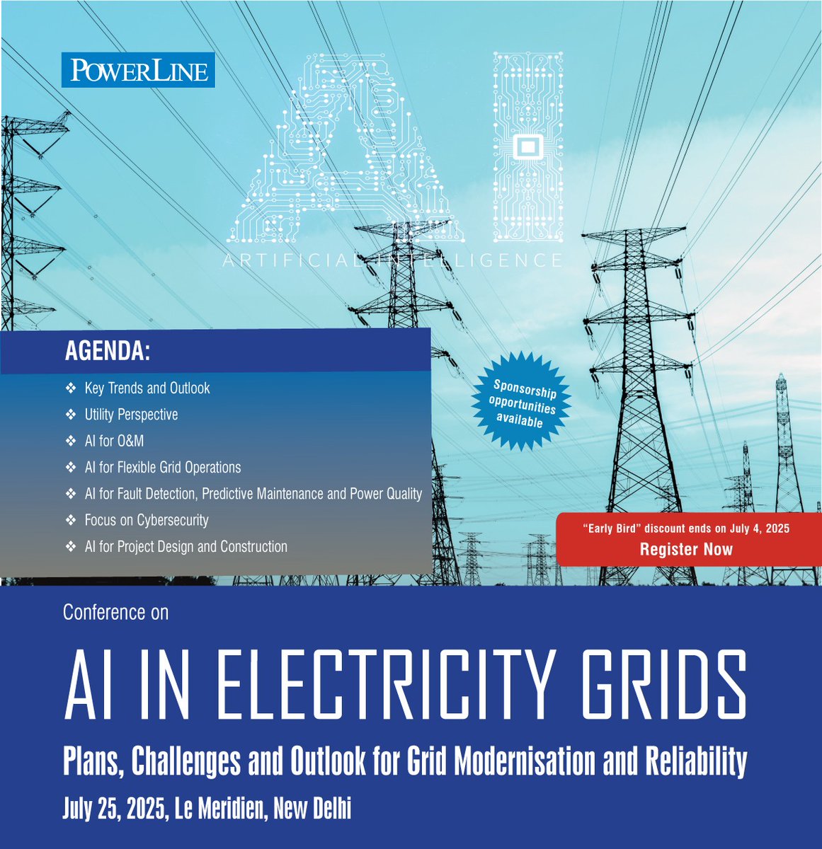 india_infra's tweet image. Join us for the upcoming AI in Electricity Grids Conference on July 25, 2025, at Le Meridien, New Delhi.

Register now to avail our early bird discount – valid until July 4, 2025!

To register now, visit: web.cvent.com/event/555ccf28…

#AIinPower #SmartGridIndia #EnergyTransition