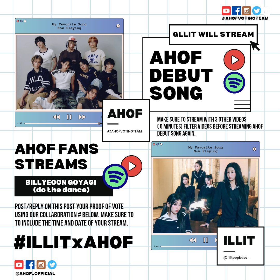 [📢] STREAMING COLLAB ANNOUNCEMENT

<a href="/illitpopbase_/">ILLIT BASE</a> X <a href="/AHOFVOTINGTEAM/">AHOF VOTING OFFICIAL TEAM</a> 

We are excited to announce AHOF X ILLIT Streaming Collab!

ILLIT fans will help stream for AHOF Debut Song on YOUTUBE and SPOTIFY starting JULY 01. In return, AHOF fans will stream ILLIT song on YOUTUBE and