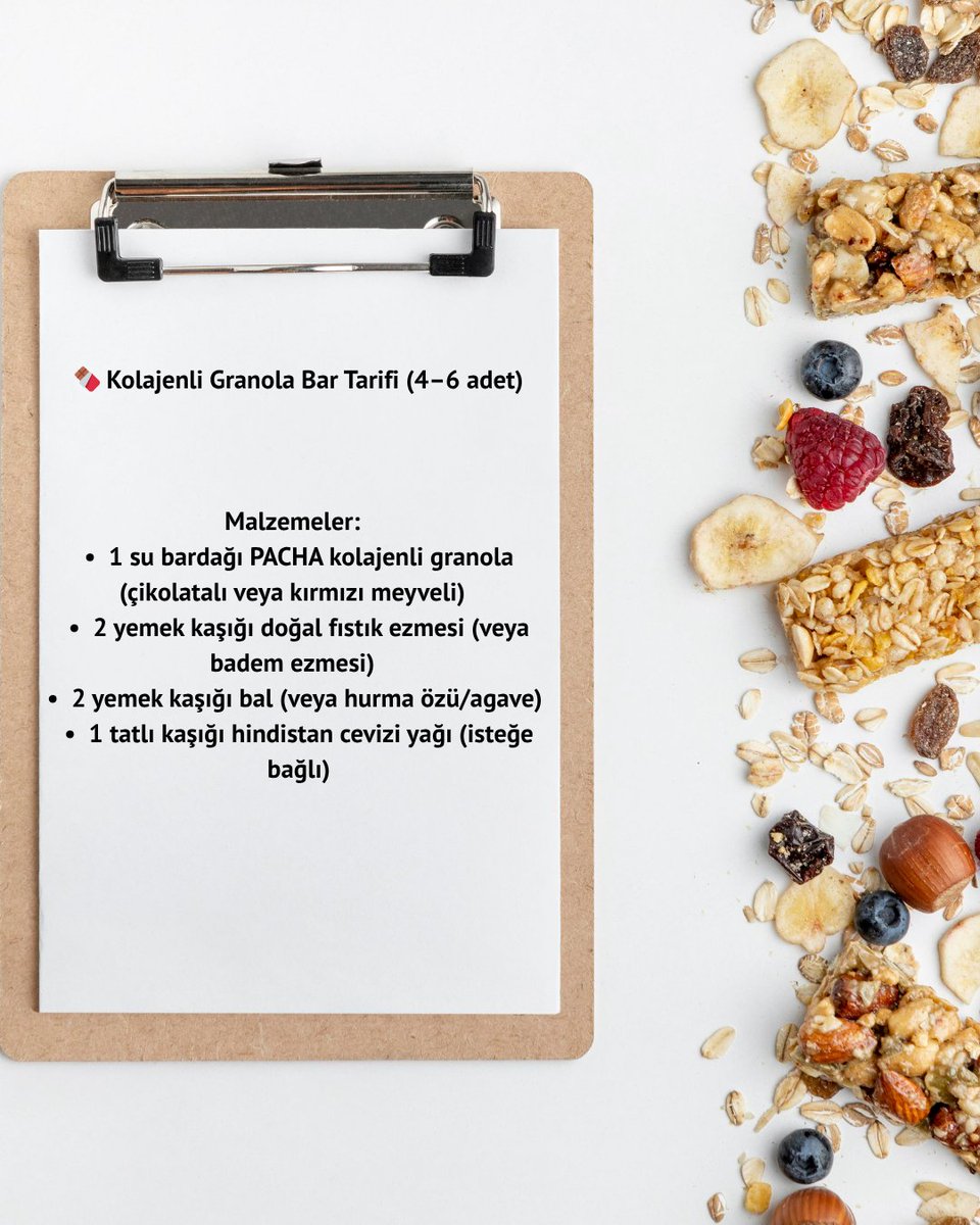 Evde yapması kolay, enerji dolu bir tarifle geldik! 💪🍫

🥄 Sadece 4 malzeme ile:
• 1 su bardağı PACHA kolajenli granola
• 2 YK fıstık ezmesi veya badem ezmesi
• 2 YK / hurma özü / agave
• 1 TK hindistan cevizi yağı (isteğe bağlı)

Karıştır, bastır, dolaba at – ve hazır!