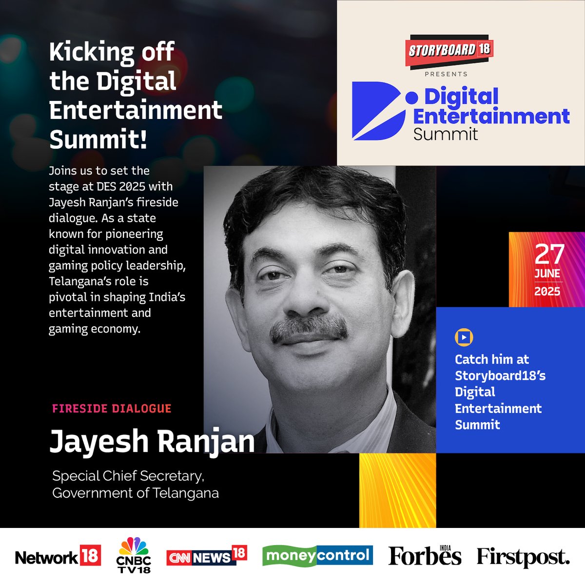 Among the eminent voices shaping this conversation will be <a href="/jayesh_ranjan/">Jayesh Ranjan</a> , CEO of Industry &amp; Investment Cell in Chief Minister’s Office and CEO of Speed Proactive Efficient and Effective Delivery (SPEED) initiative of Telangana.  

#DES #DES2025 #DigitalEntertainmentSummit2025