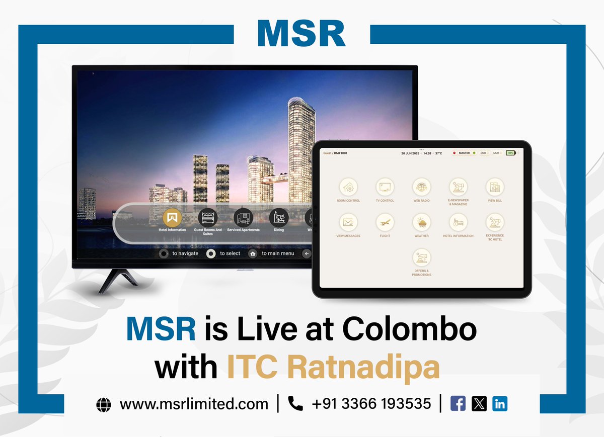 msritsolution's tweet image. We are extremely proud to announce that MSR&apos;s full suite of Guest Experience Solutions is now live at ITC Ratnadipa, Colombo (Sri Lanka).
To know more,
Visit our website: msrlimited.com
Contact us: sales@msrlimited.com

#hoteltechnoly #guestexperience #smarthotels #MSR