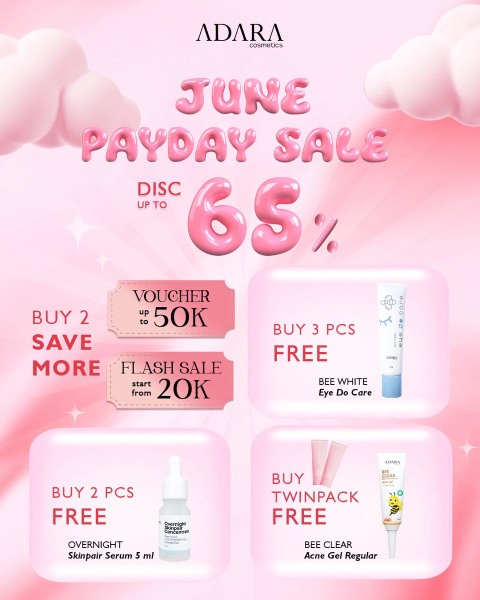 🌸✨ JUNE PAYDAY SALE IS ON! ✨🌸
🎉 DISKON HINGGA 65% 🎉

🛍️ Buy 2 Save More!
Flash Sale mulai dari Rp20.000
🎟️ Voucher hingga Rp50.000

🎁 Beli 3 pcs GRATIS
✨ Bee White Eye Do Care

🎁 Beli Twinpack GRATIS
✨ Bee Clear Acne Gel Regular

🎁 Beli 2 pcs GRATIS
✨ Overnight