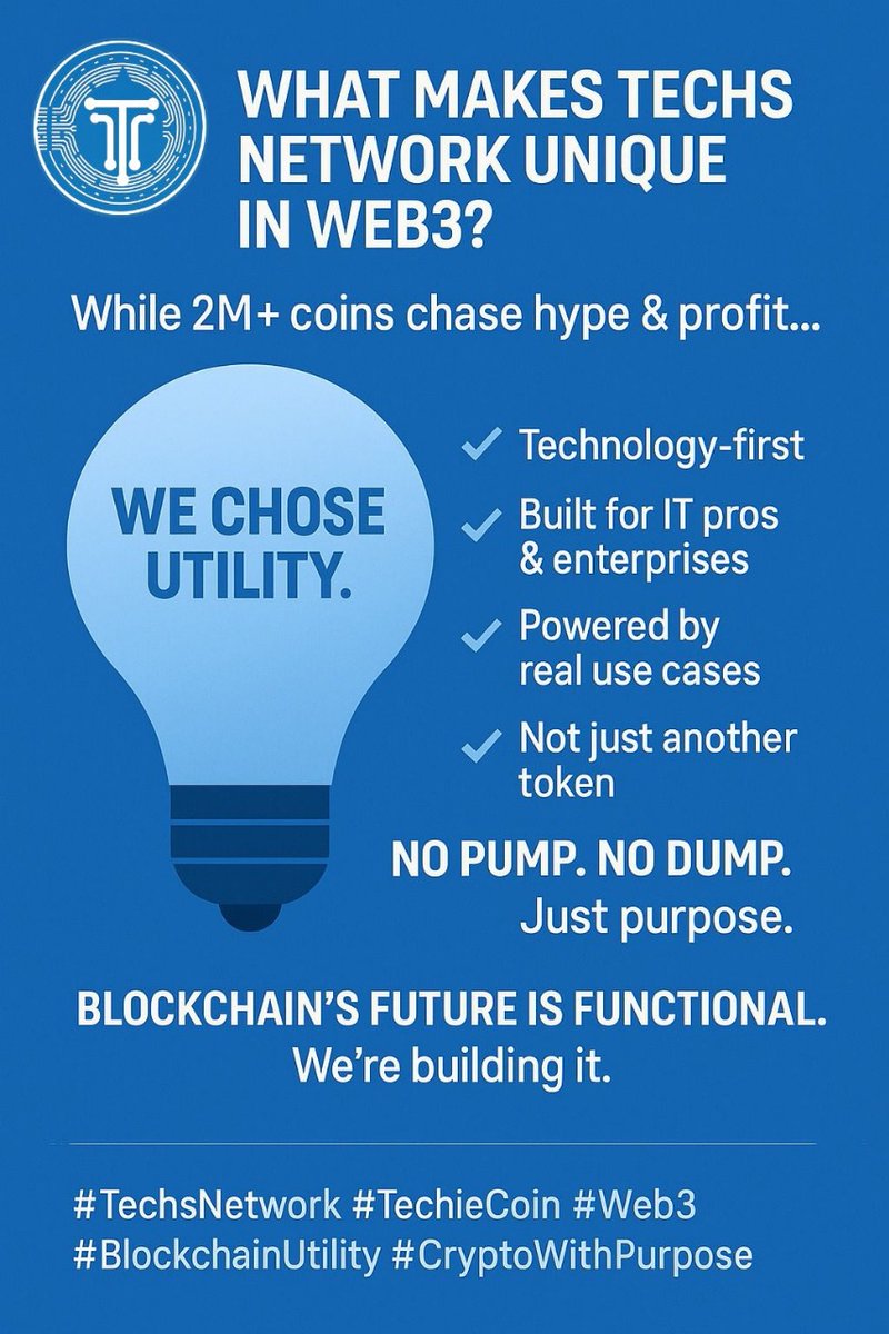 CTechsnetwork's tweet photo. 🧠 2M+ coins chase hype.
💡 We chose utility.
✅ Tech-first
✅ Built for IT pros
✅ Real use cases
🚫 No pump. No dump.
Blockchain’s future is functional.
We’re building it.
#TechsNetwork #TechieCoin #Web3 #CryptoWithPurpose https://t.co/9gOajkbdbN