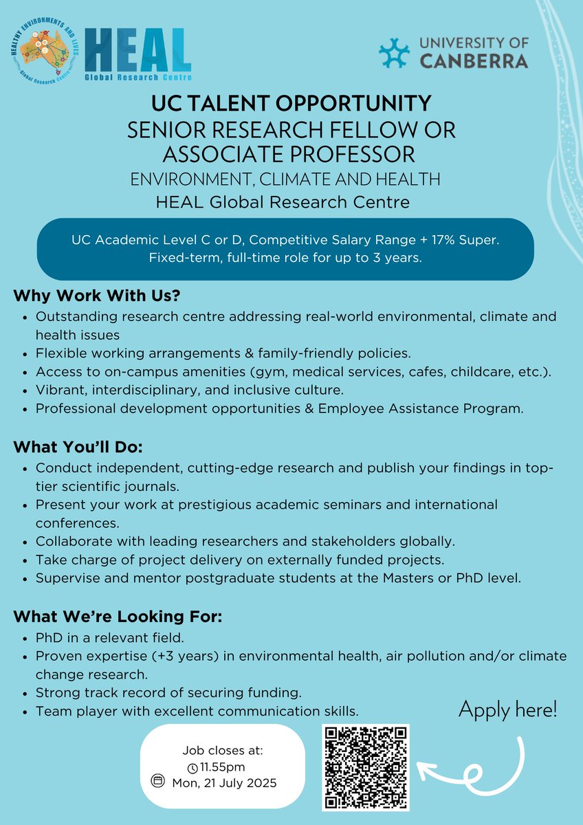HEALenviron's tweet image. 🌟 Come and join the HEAL Global Research Centre at the Health Research Institute - University of Canberra!
A Senior Research Fellow or Associate Professor opportunity, to find out more visit: healnetwork.org.au/jobs-and-oppor…💡
🗓️ Closes Monday 11.55pm, 21 July 2025